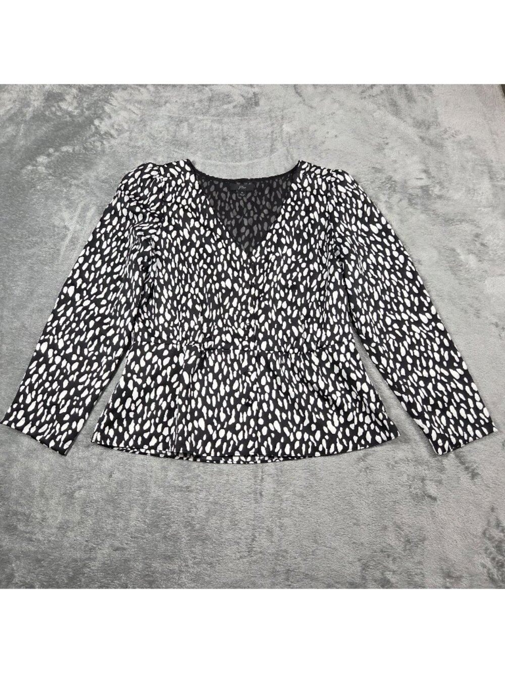 J Crew Top 6 Black White Animal Print Peplum Satin Crepe Office Party Blouse